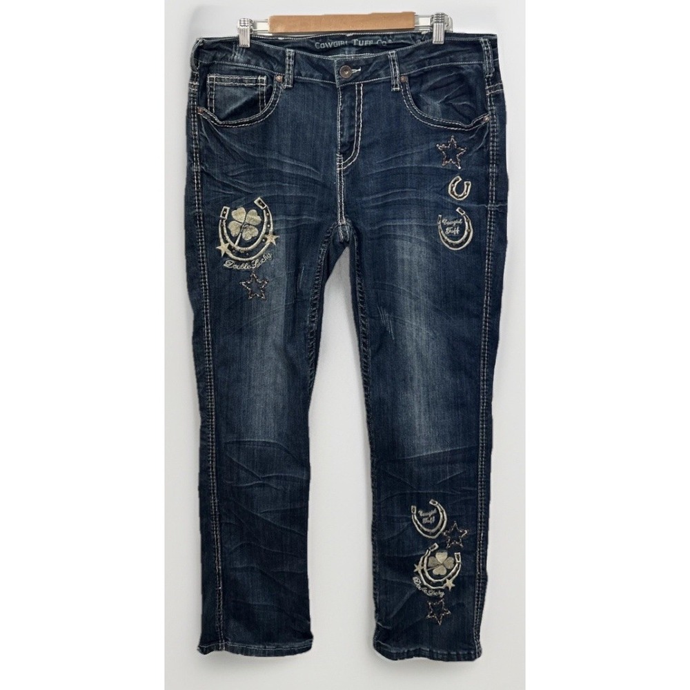 Cowgirl Tuff Girls Double Lucky Embroidered‎ Detail Bootcut Western Jeans Sz 36